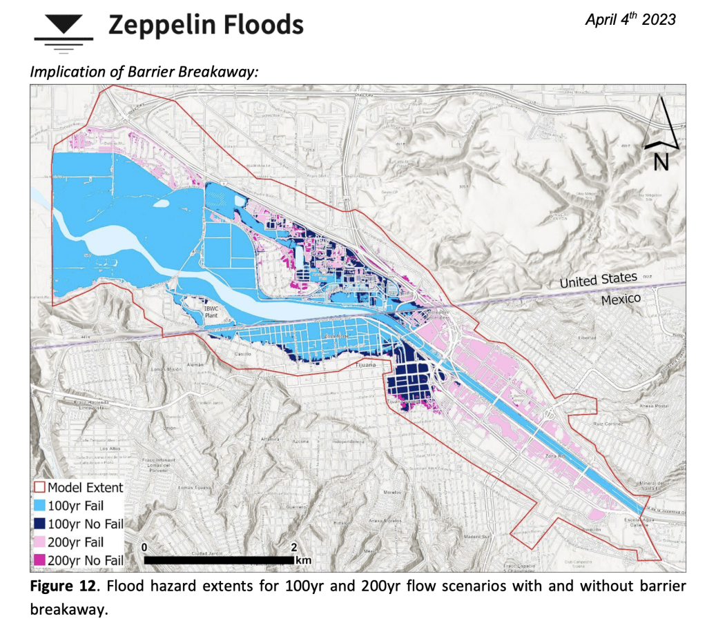 Flood hazards of border wall across Tijuana River modeled here by Zeppelin Floods for the EPA. / Zeppelin Floods