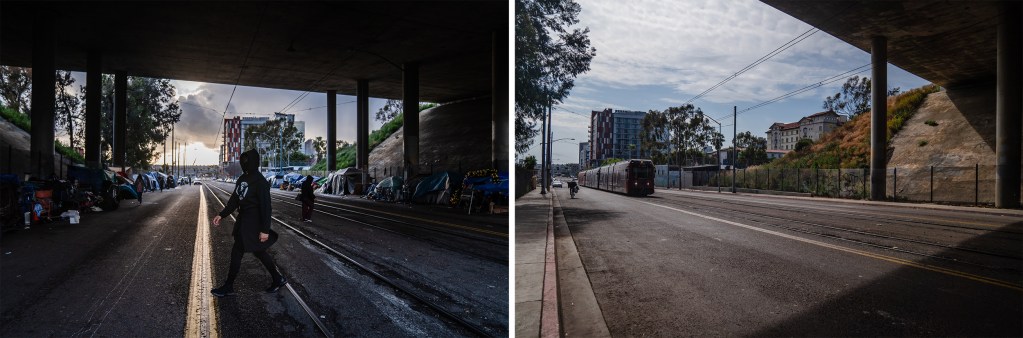 Views of a bustling Commercial Street underpass on March 30, 2023, and an empty underpass on May 18, 2023.