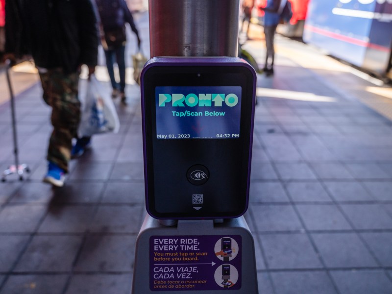 A PRONTO scanner for reloadable cards can be seen at 12th and Imperial Avenue trolley station on May 1, 2023.