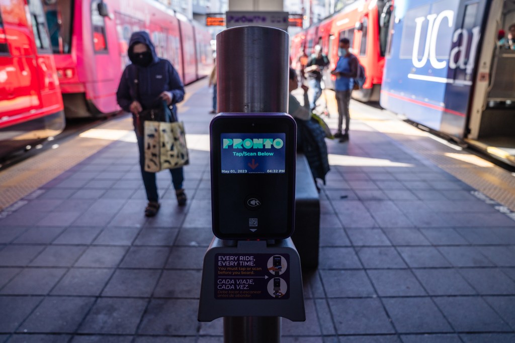 A PRONTO scanner for reloadable cards can be seen at 12th and Imperial Avenue trolley station on May 1, 2023.