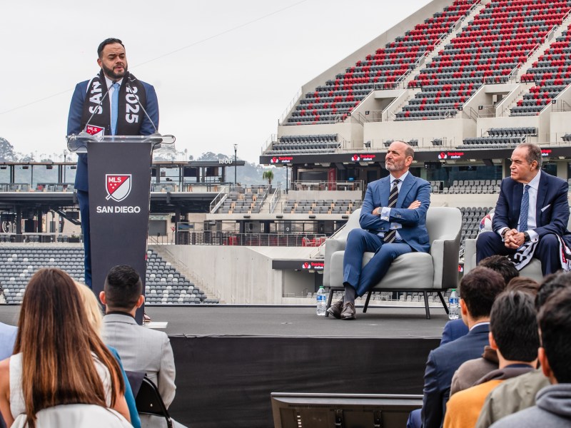 Sycuan Tribe Chairman Cody Martinez speaks during Snapdragon Stadium on May 18, 2023, during the MLS expansion announcement. It is co-owned by Mohamed Mansour and the Sycuan Tribe, and set to join the league in 2025.