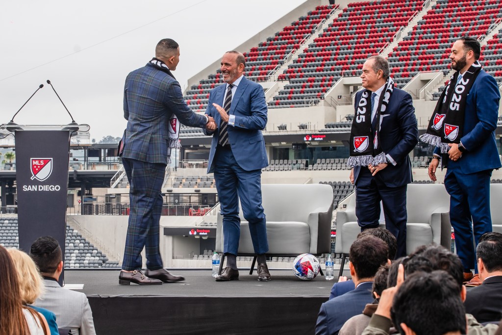 From Left to right, San Diego Padres Manny Machado, MLS Commissioner Don Garber, Mohamed Mansour and Sycuan Tribe Chairman Cody Martinez at Snapdragon Stadium on May 18, 2023.