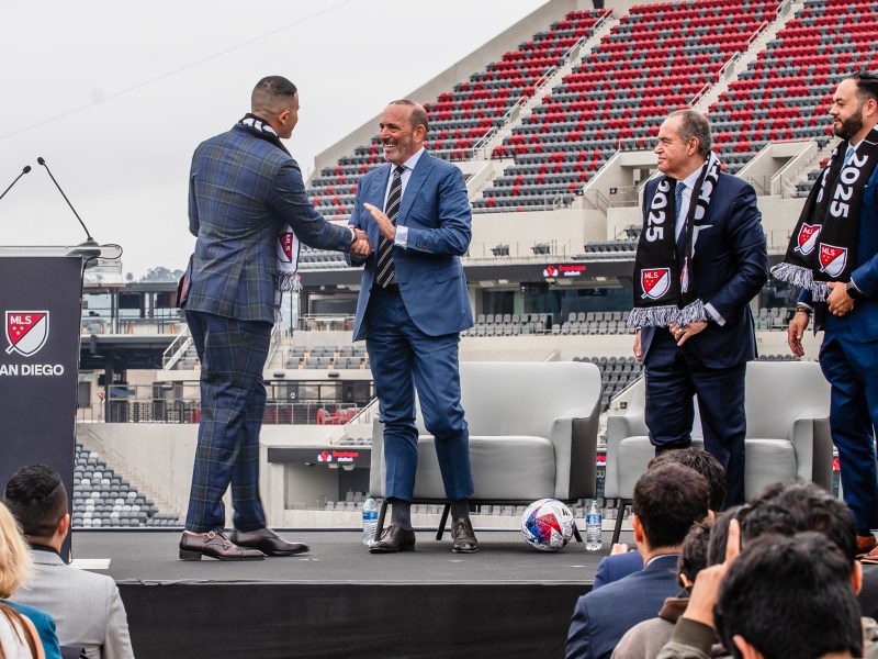 From Left to right, San Diego Padres Manny Machado, MLS Commissioner Don Garber, Mohamed Mansour and Sycuan Tribe Chairman Cody Martinez at Snapdragon Stadium on May 18, 2023.