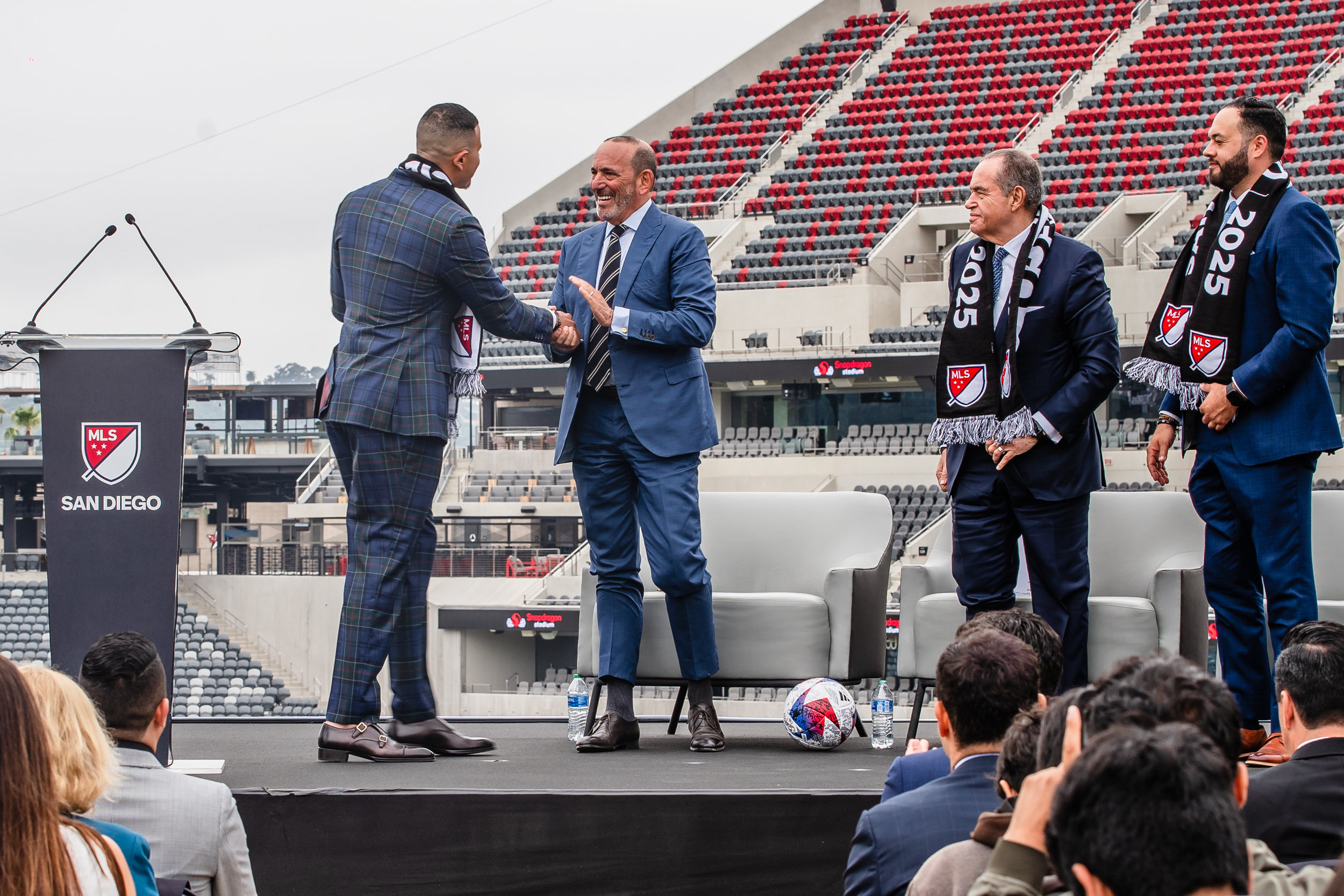 From Left to right, San Diego Padres Manny Machado, MLS Commissioner Don Garber, Mohamed Mansour and Sycuan Tribe Chairman Cody Martinez at Snapdragon Stadium on May 18, 2023.