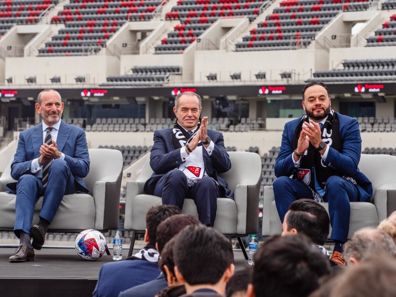 From Left to right From Left to right, MLS Commissioner Don Garber, Mohamed Mansour and Sycuan Tribe Chairman Cody Martinez at Snapdragon Stadium on May 18, 2023.