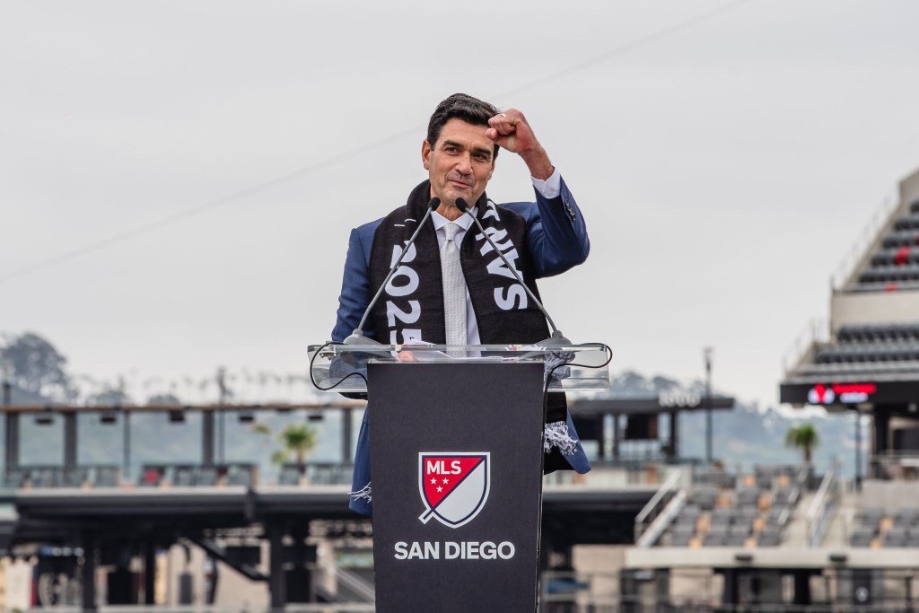 Sports Executive Tom Penn speaks at Snapdragon Stadium during the announcement that San Diego has been awarded MLS expansion team on May 18, 2023. Penn will serve as the club's CEO.