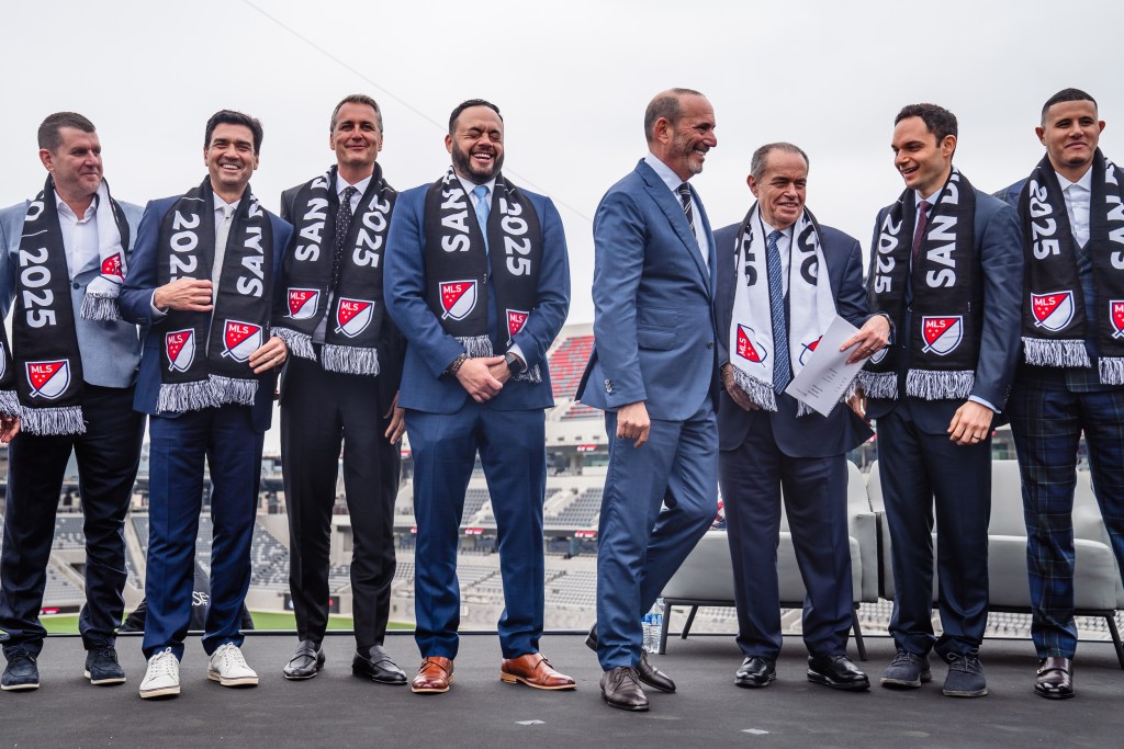 Founder of Right to Dream, Tom Vernon, Sports Executive Tom Penn, Sycuan Tribe Chairman Cody Martinez, MLS Commissioner Don Garber, Mohamed Mansour, San Diego Padres Manny Machado, at Snapdragon Stadium on May 18, 2023.
