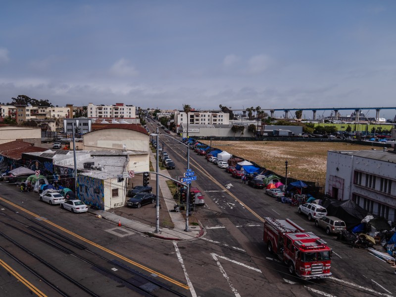 View of homeless encampments on National Avenue and Commercial Street on May 19, 2023.