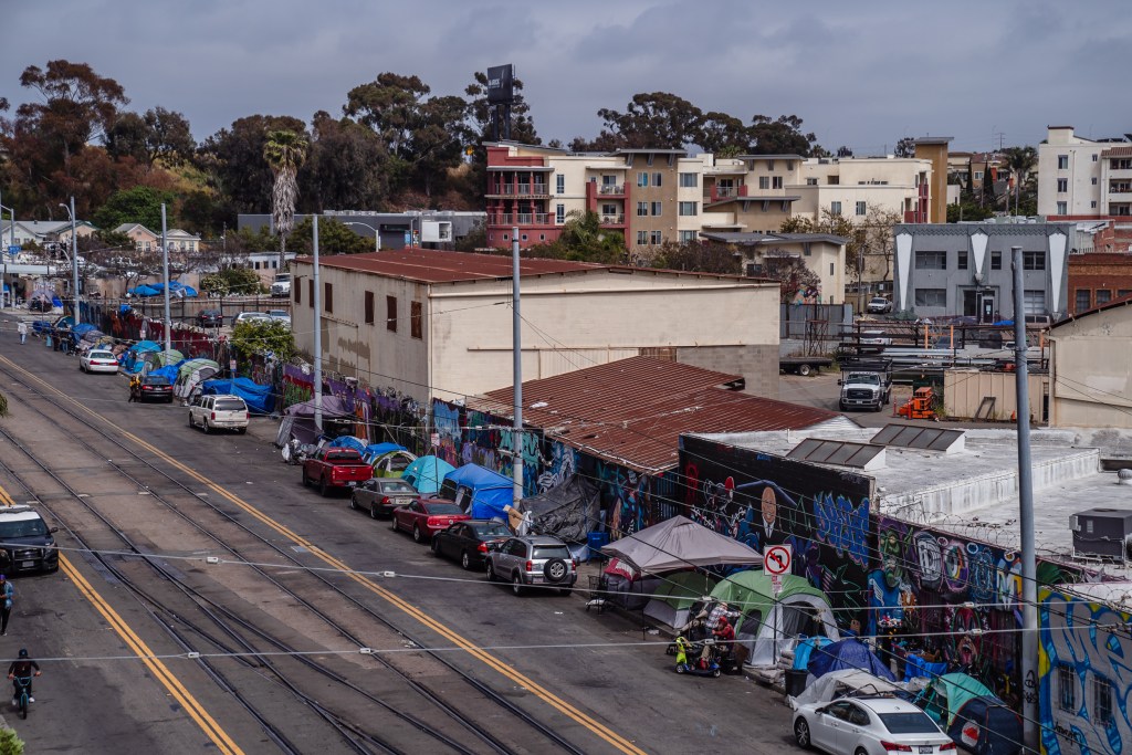 A view of a homeless encampment on Commercial Street in Barrio Logan on May 19, 2023.