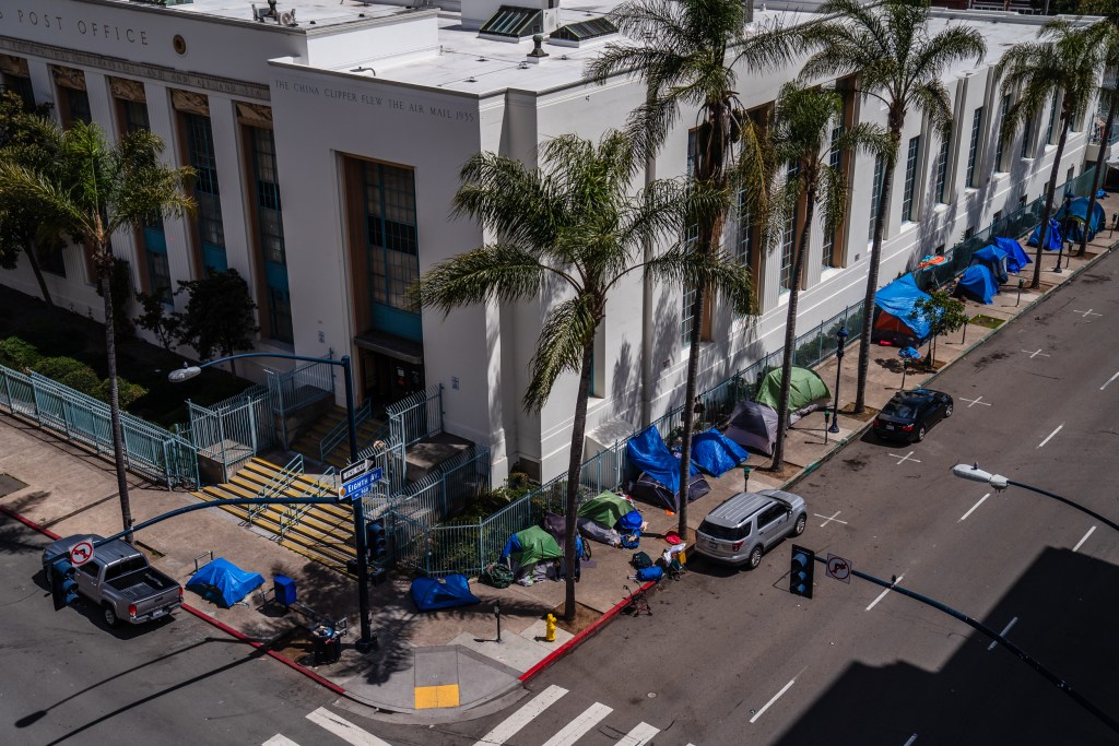 A homeless encampment on 8th Avenue in downtown on May 4, 2023.