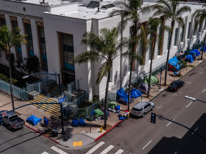 A homeless encampment on 8th Avenue in downtown on May 4, 2023.