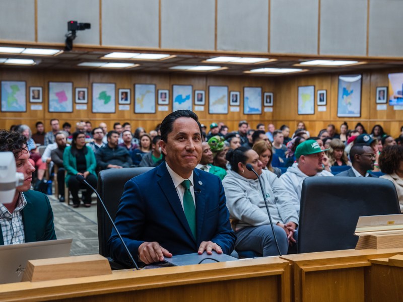 Mayor Todd Gloria before presenting Lincoln High School Varsity Football Team with a Key to the City in City Council Chambers in downtown on May 23, 2023.