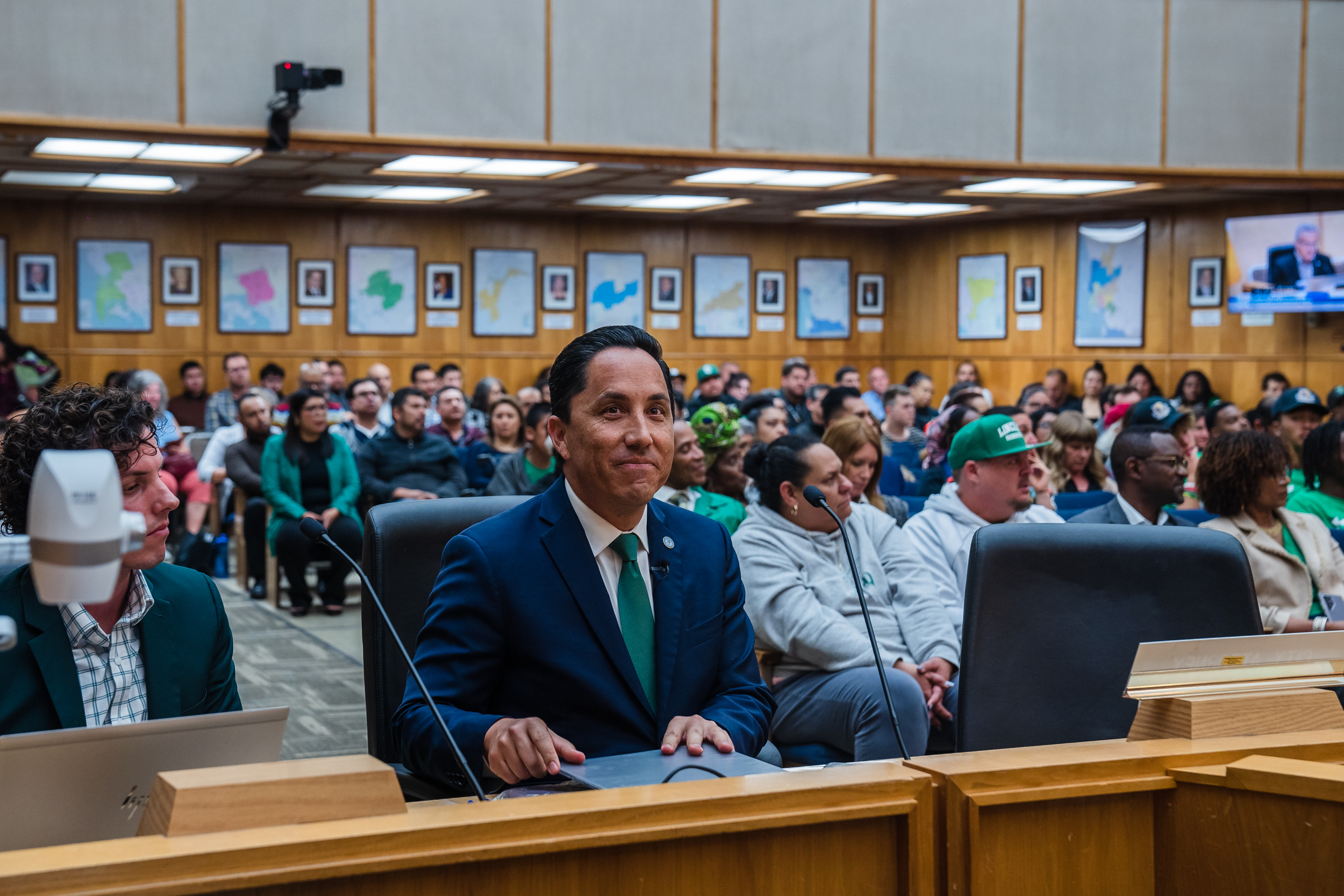 Mayor Todd Gloria before presenting Lincoln High School Varsity Football Team with a Key to the City in City Council Chambers in downtown on May 23, 2023.