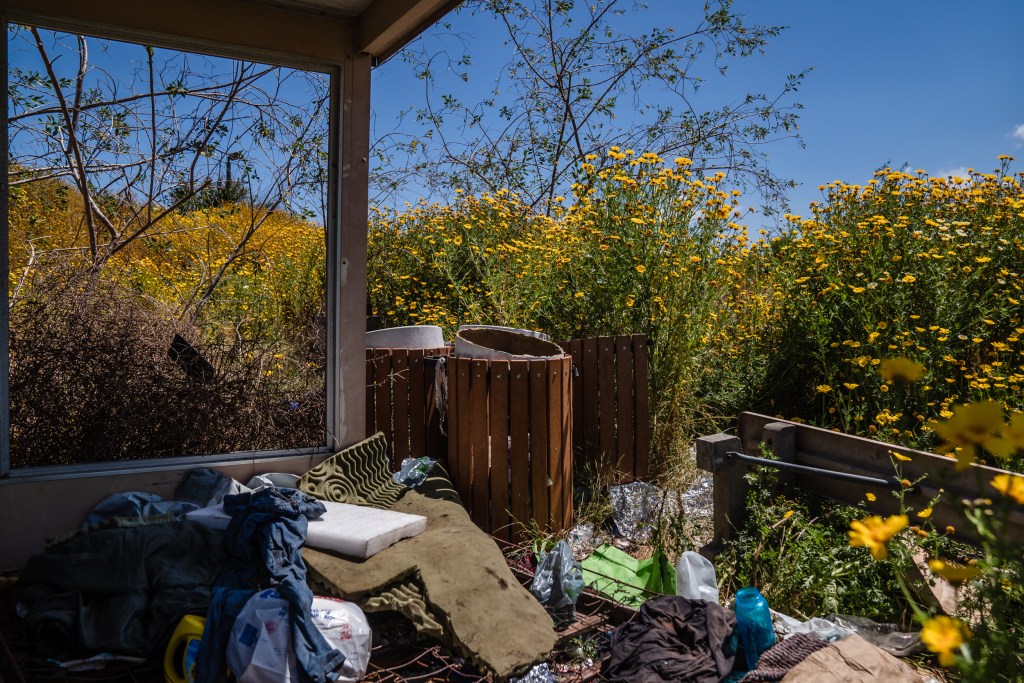 An encampment at Lot O, which has multiple lots and is located behind the Naval Medical Center in Balboa Park on May 8, 2023.