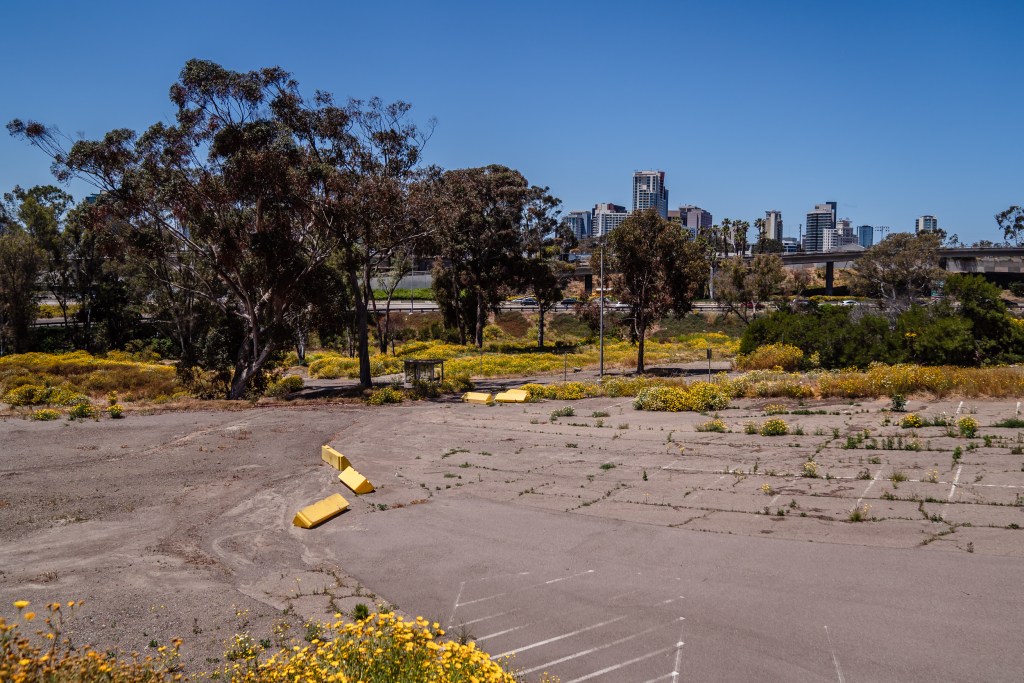 Lot O has multiple lots and is located behind the Naval Medical Center in Balboa Park on May 8, 2023. Mayor Todd Gloria believes the lots could temporarily house as many as 400 people.