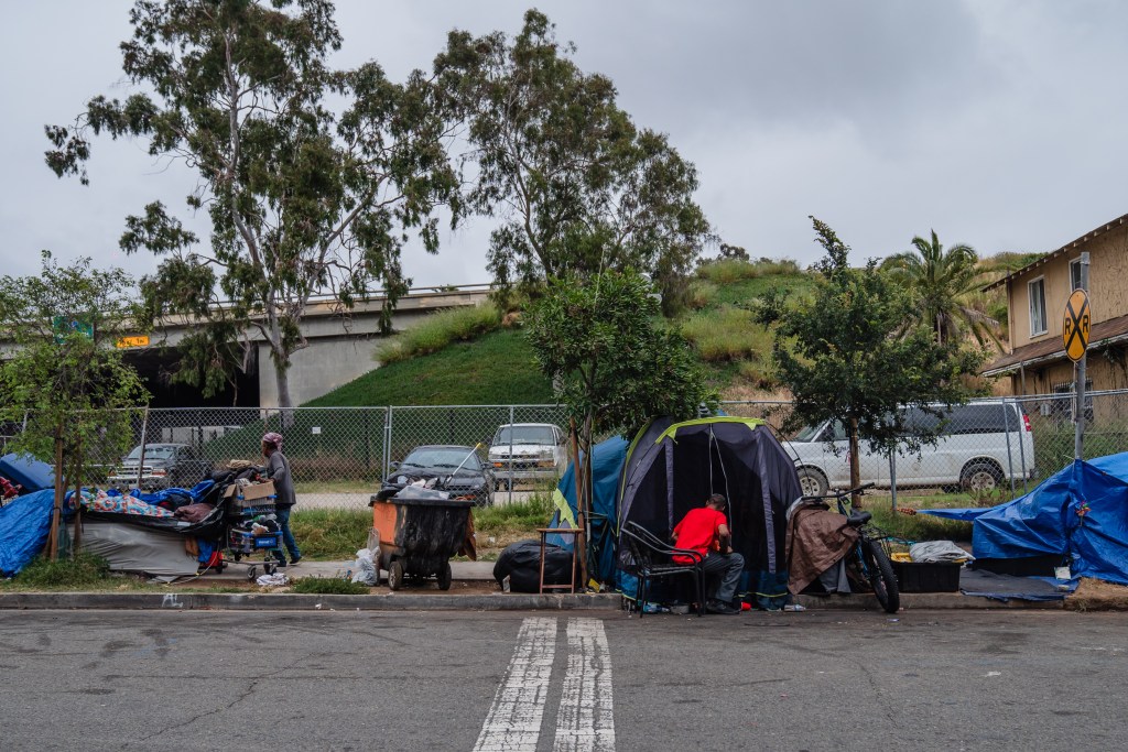 A homeless encampment a block away from Neil Good Day Center on 17th Street in the East Village on May 23, 2023.