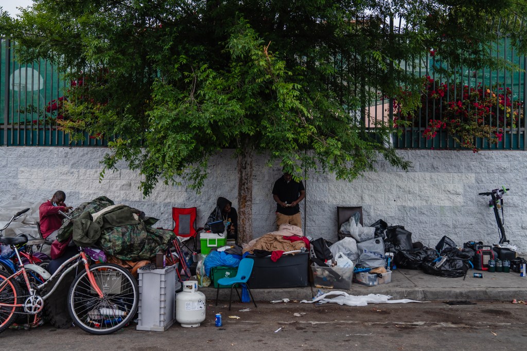 A homeless encampment on Commercial Street in the East Village on May 23, 2023.