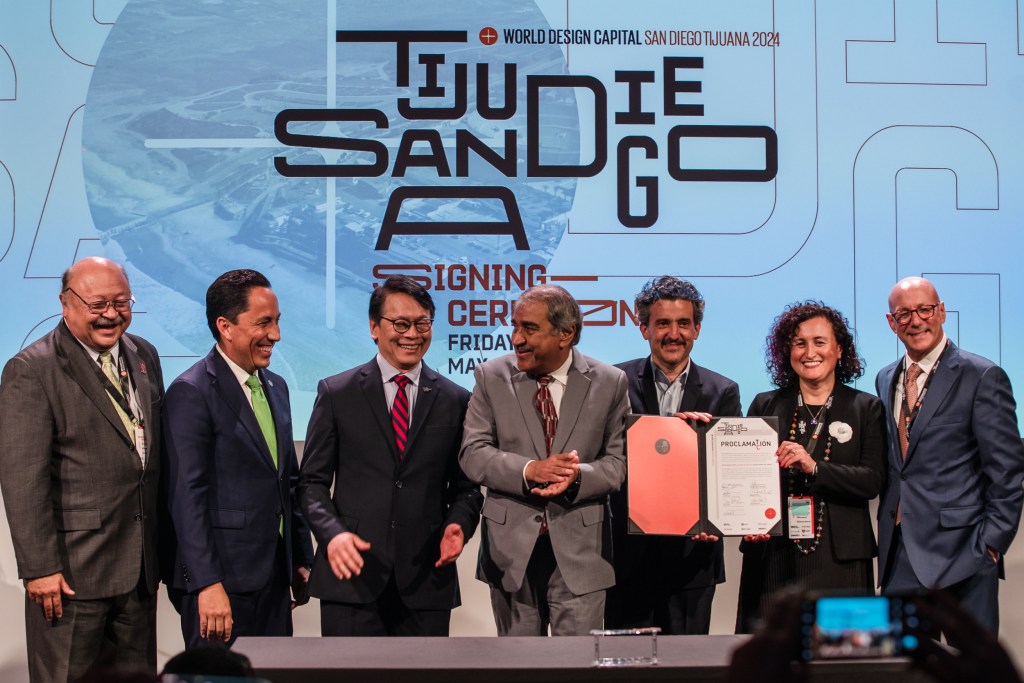 San Diego Mayor Todd Gloria, World Design Organization President, David Kusuma, Chancellor of University of California San Diego Pradeep K. Khosla, CEO, World Design Capital San Diego Tijuana 2024, Carlos de la Mora, Design Forward Alliance Board Member, Seda Evis, and CEO and President, Burnham Center for Community Advancement at the signing ceremony designating San Diego and Tijuana as World Design Capital 2024, hosted by the World Design Organization in downtown on May 26, 2023.