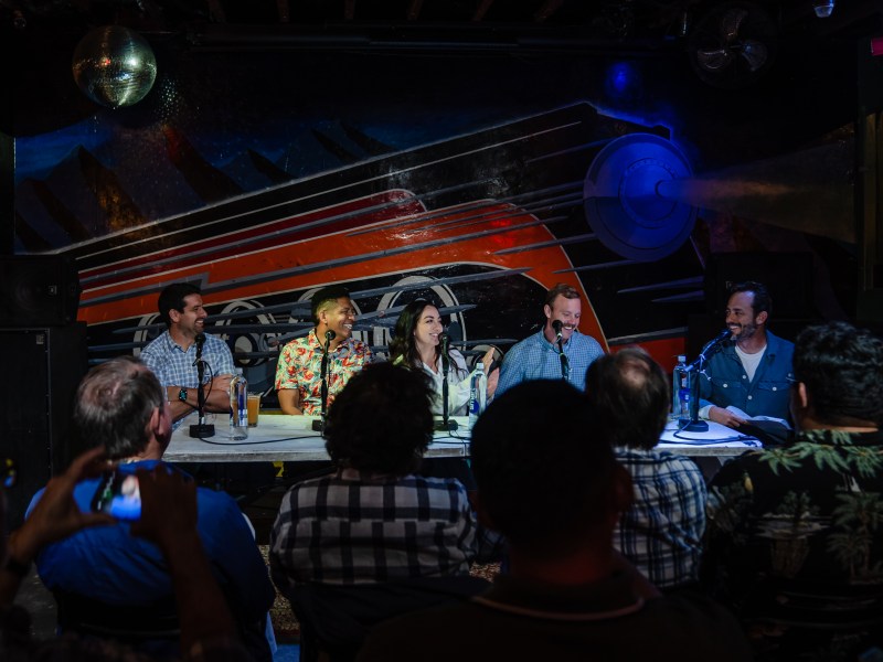 panelists and VOSD Podcast hosts at live recording in Whistlestop Bar