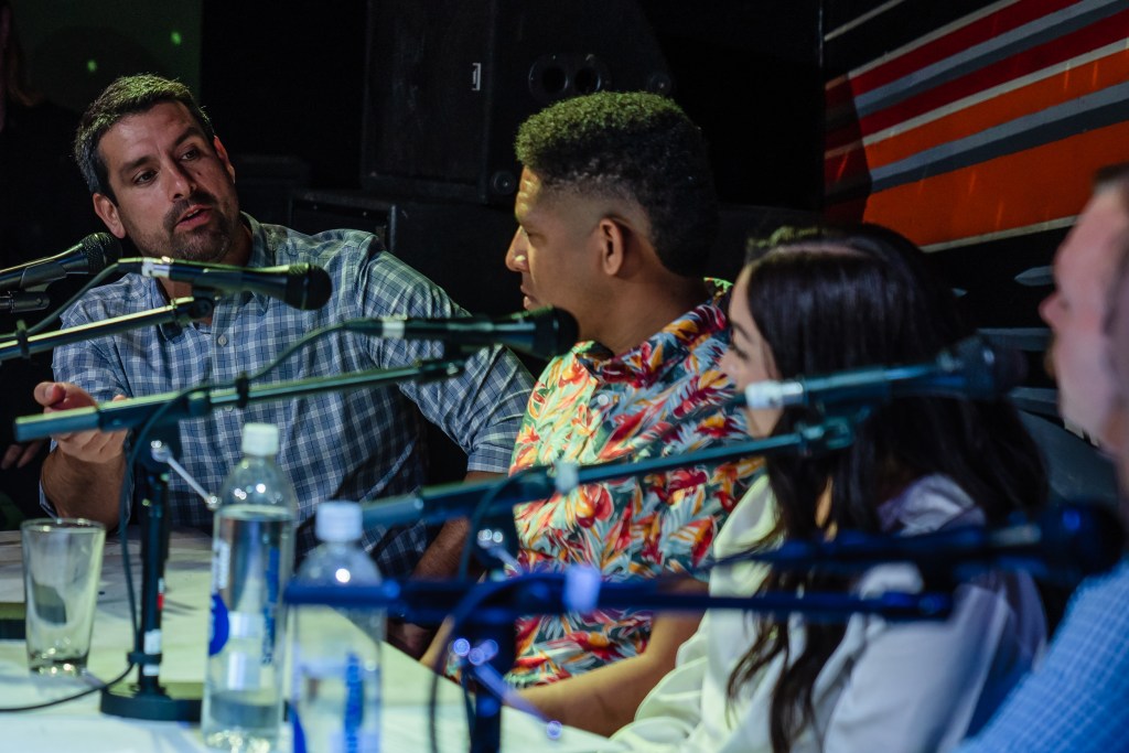 ricardo campos and marcus bush at VOSD Podcast live show, Whistle Stop Bar