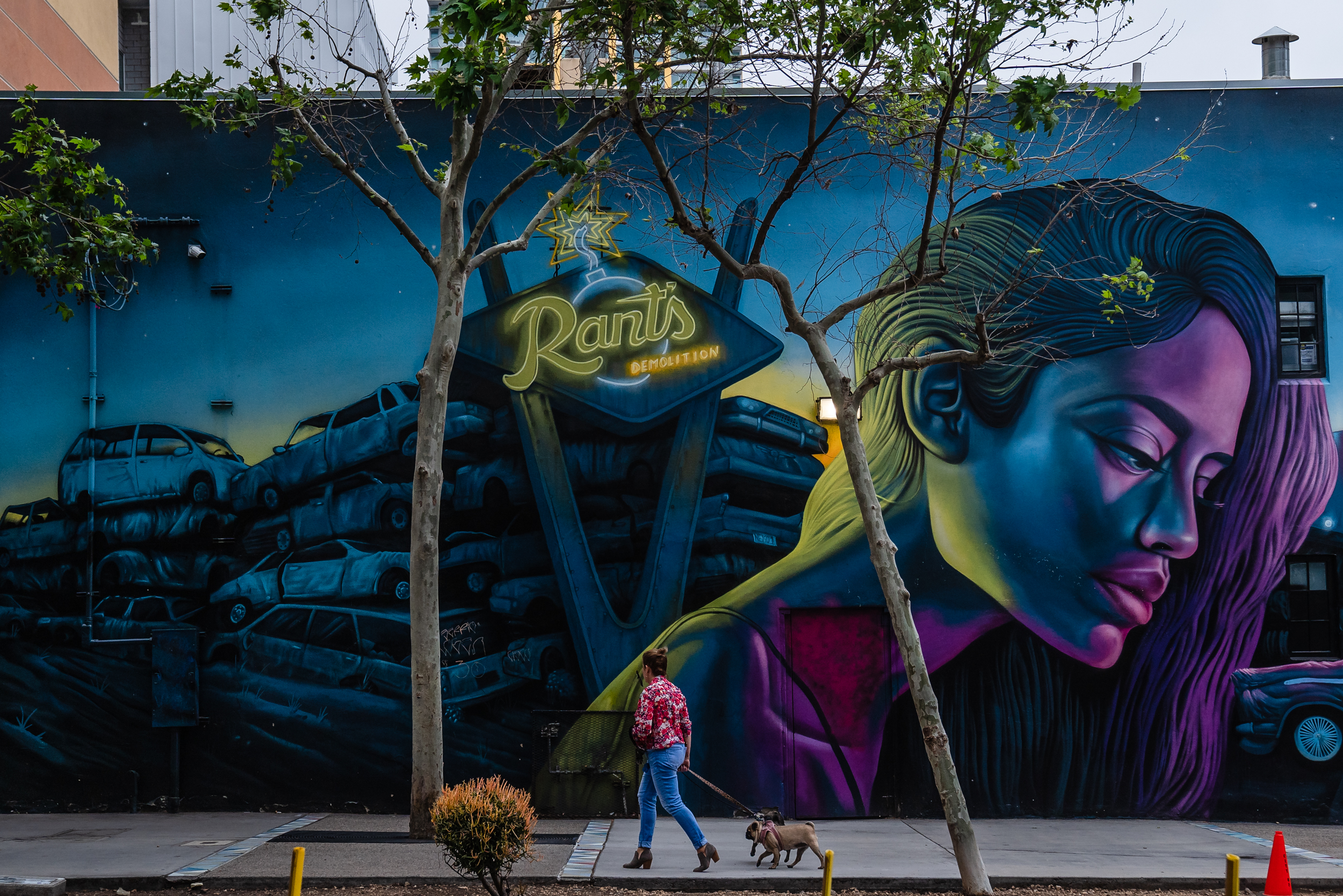 A woman walks her dog in front of a mural in the East Village on May 12, 2023.