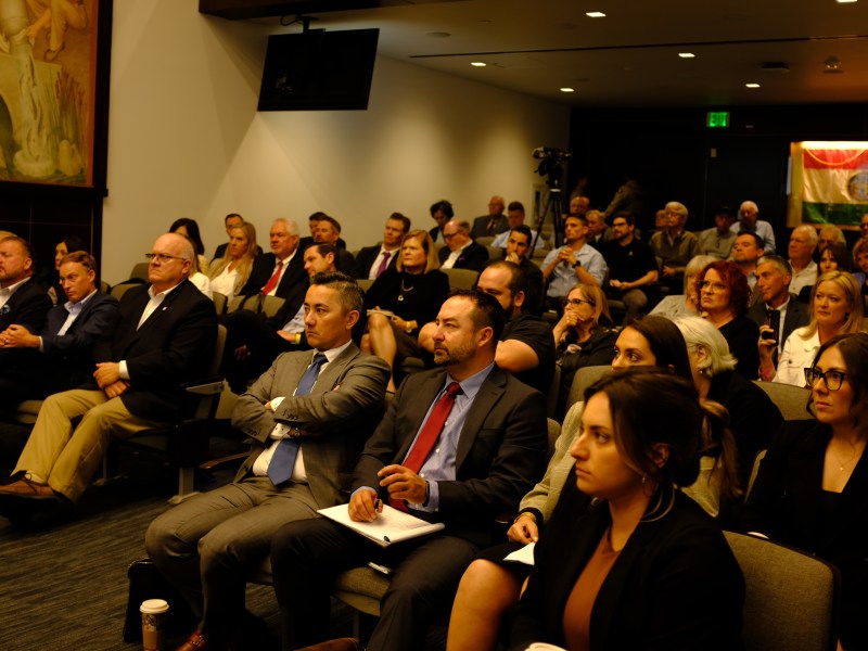 An audience of the San Diego's Local Agency Formation Commission which decided to delay a crucial vote on whether Fallbrook and Rainbow water districts could leave San Diego County Water Authority on June 5, 2023. / MacKenzie Elmer