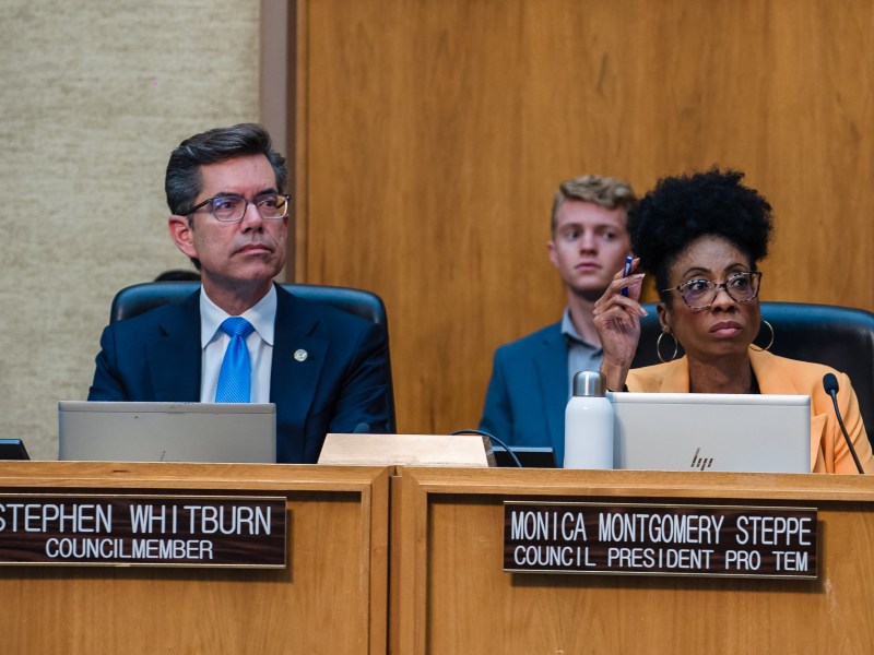 Council President Pro Tem Monica Montgomery Steppe and Councilmember Stephen Whitburn in City Council Chambers in downtown on June 13, 2023.