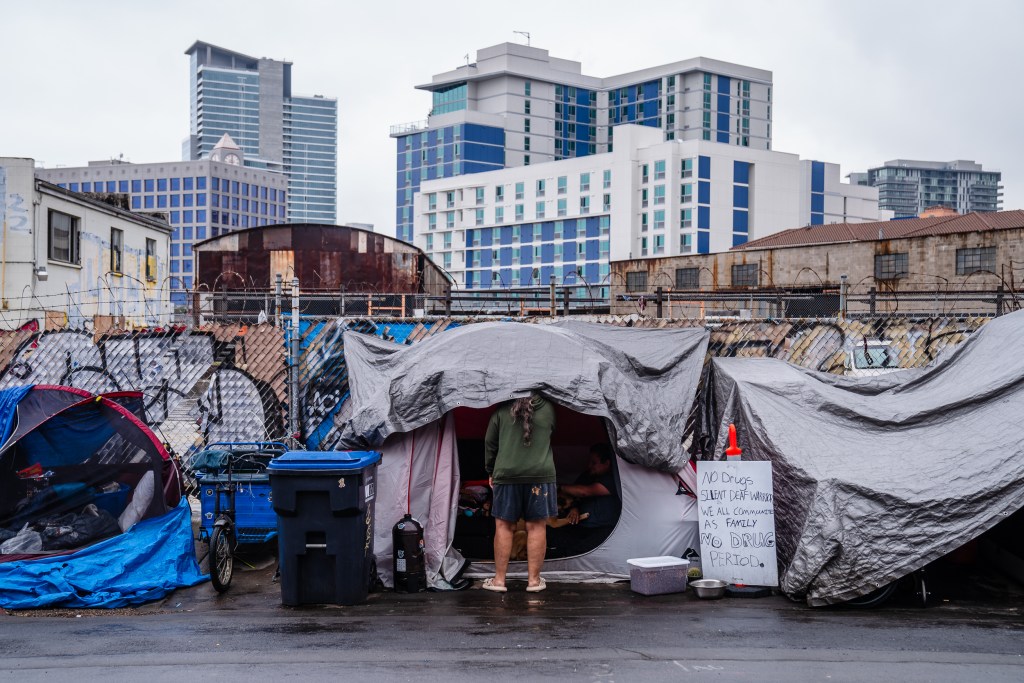 View of a homeless encampment on 16th Street in the East Village on June 14, 2023.