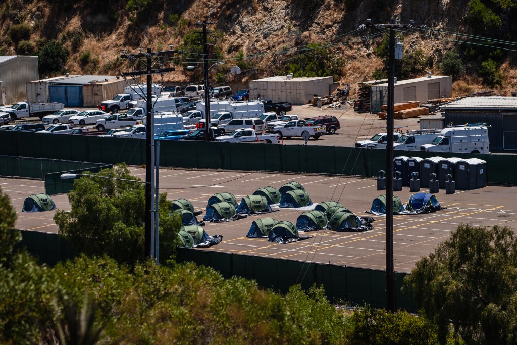 View of tents at the 20th and B Street maintenance yard on June 29, 2023.