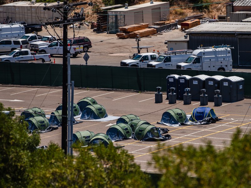 View of tents at the 20th and B Street maintenance yard on June 29, 2023.