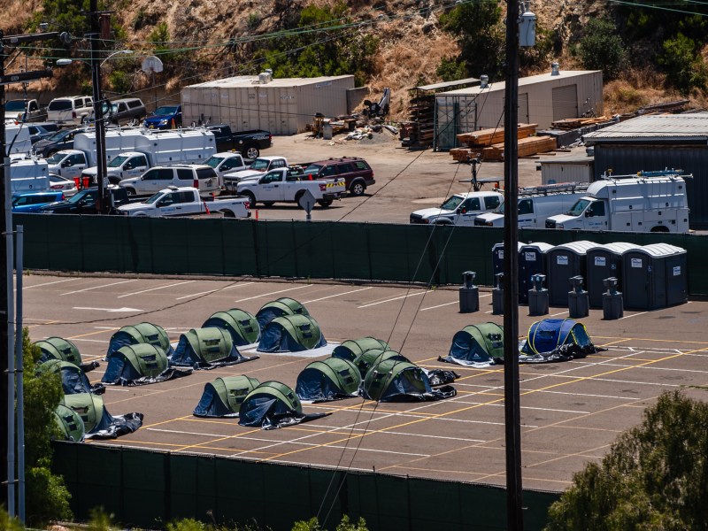 View of tents at the 20th and B Street maintenance yard on June 29, 2023.