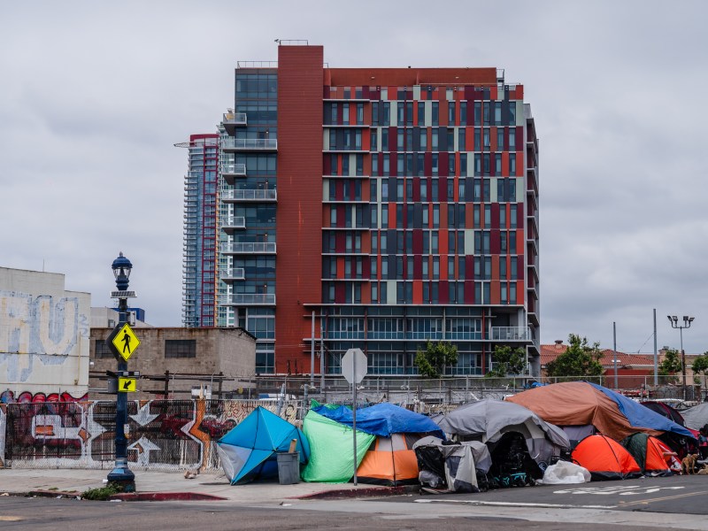 View of a homeless encampment on the corner of 16th Street and National Avenue in the East Village on June 9, 2023.