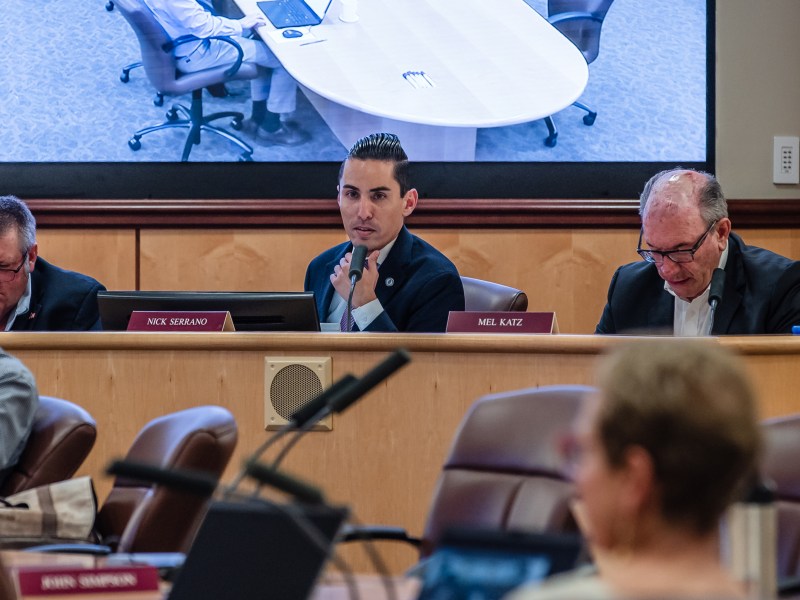Vice Chair Nick Serrano and Chair Mel Katz during a San Diego Water Authority meeting in Kearny Mesa on July 27, 2023.