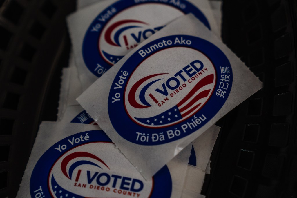 "I Voted" stickers at the North Park Recreation Center polling station on Aug. 15, 2023.