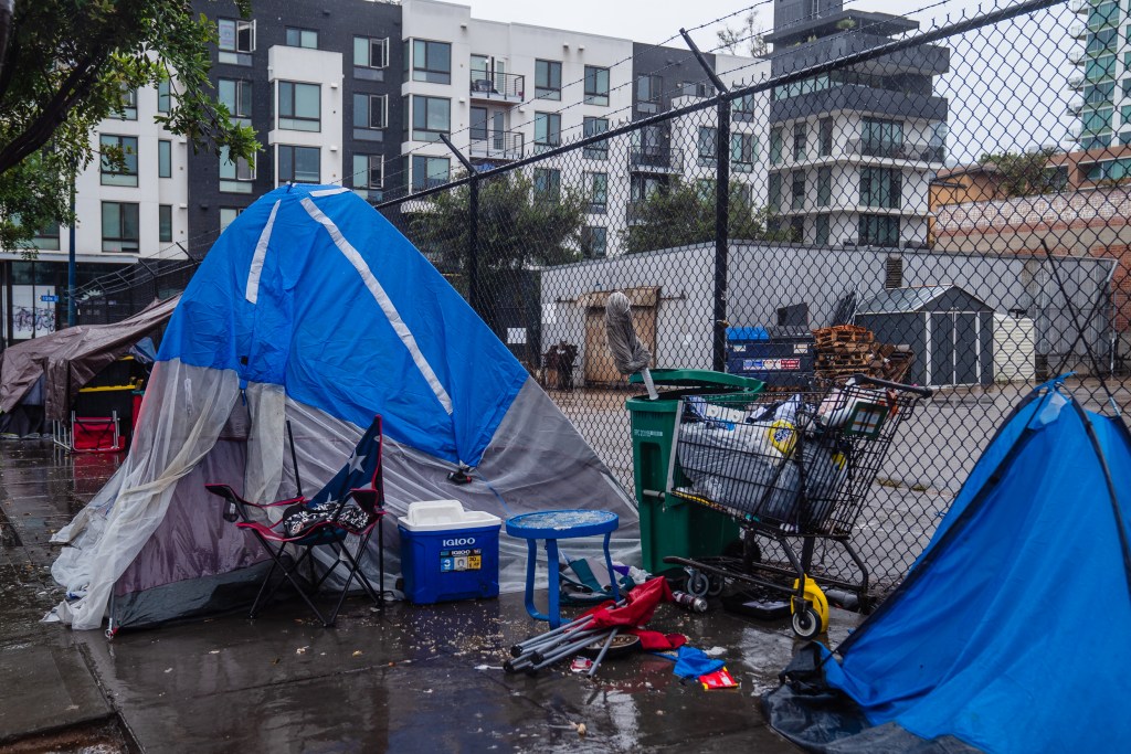 A homeless encampment in the East Village on Aug. 20, 2023.