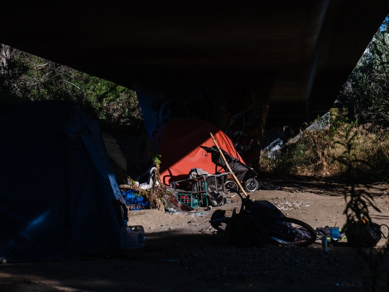 An encampment in Mission Valley's riverbed on Aug. 22, 2023.