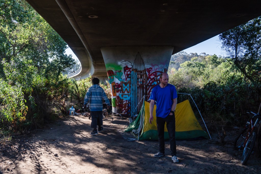 An encampment in Mission Valley's riverbed on Aug. 22, 2023.