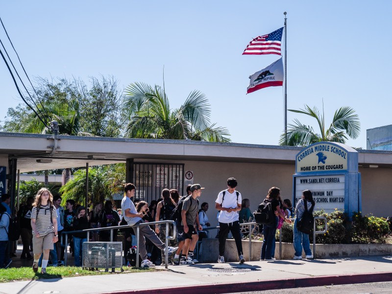 Students leaving school for the day at Correia Middle School in Point Loma on Sept. 18, 2023.