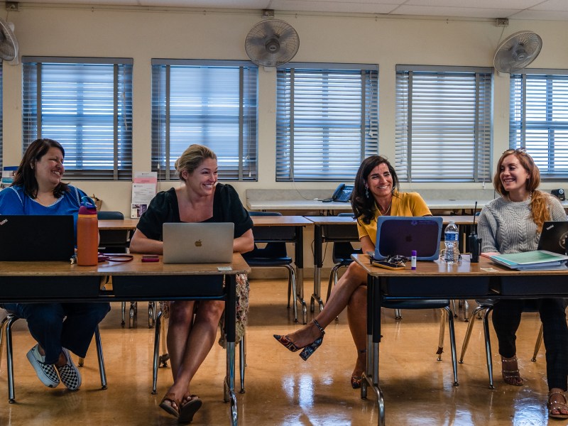 Early Childhood Teacher Patty Covarrubias (left), Kirsten Grimm (second to left), Principal Danielle Garegnani (second to right), and Counselor Julie Vallejo (right) at Horton Elementary School in Chollas View on Sept. 20, 2023.