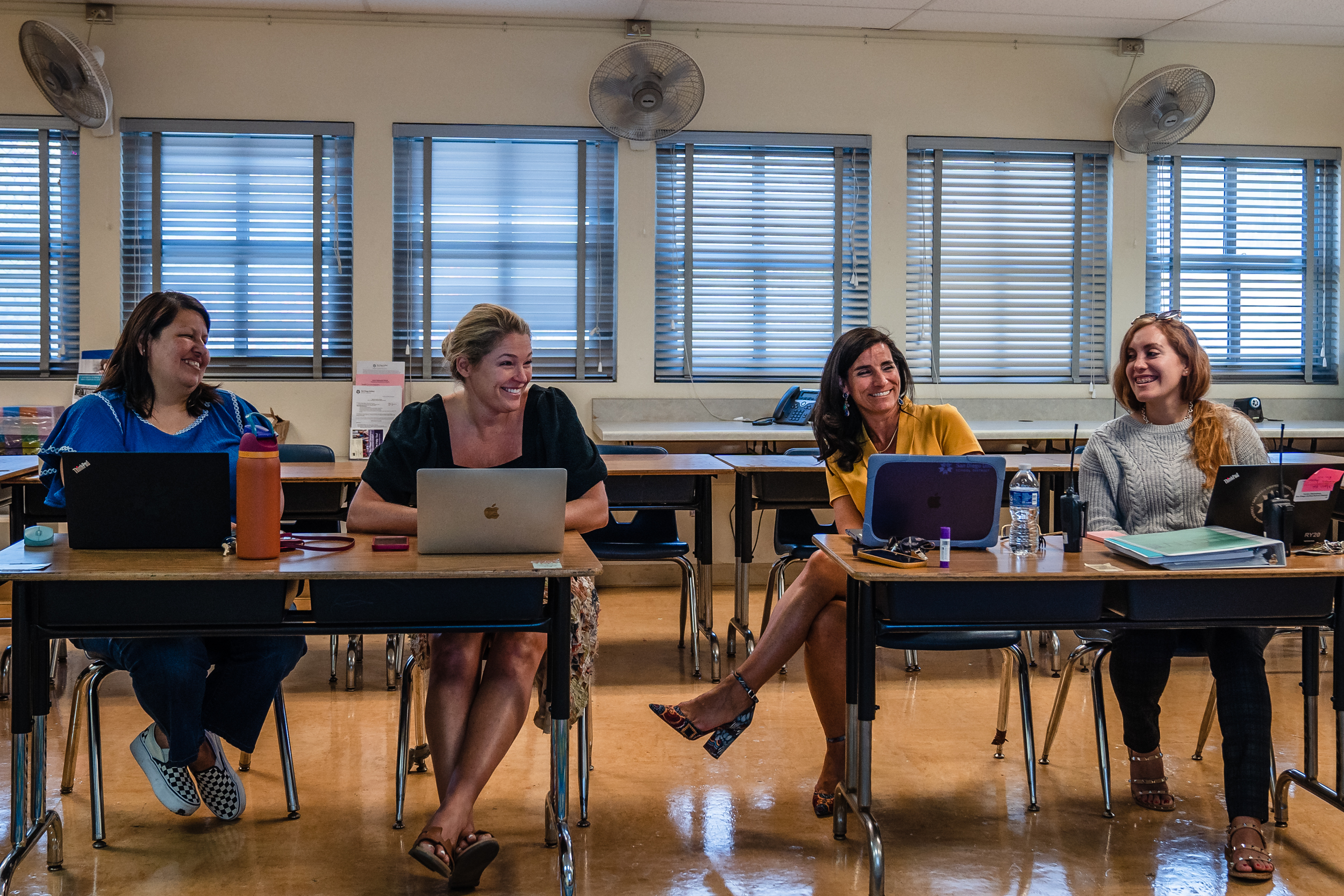 Early Childhood Teacher Patty Covarrubias (left), Kirsten Grimm (second to left), Principal Danielle Garegnani (second to right), and Counselor Julie Vallejo (right) at Horton Elementary School in Chollas View on Sept. 20, 2023.