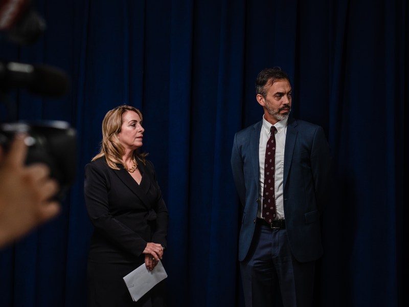 Judge Kimberlee Lagotta, who led San Diego Superior Court's CARE Court implementation, and county Behavioral Health Services Director Luke Bergmann during the CARE Act program press conference at the County Administration building in downtown on Sept. 27, 2023. / Photo by Ariana Drehsler