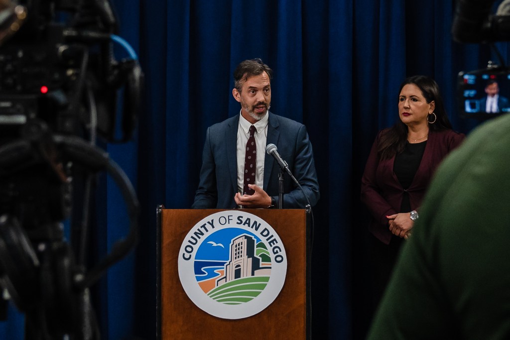 County Behavioral Health Services Director Luke Bergmann speaks to members of the media about the CARE Act program at the County Administration Center in downtown on Sept. 27, 2023.