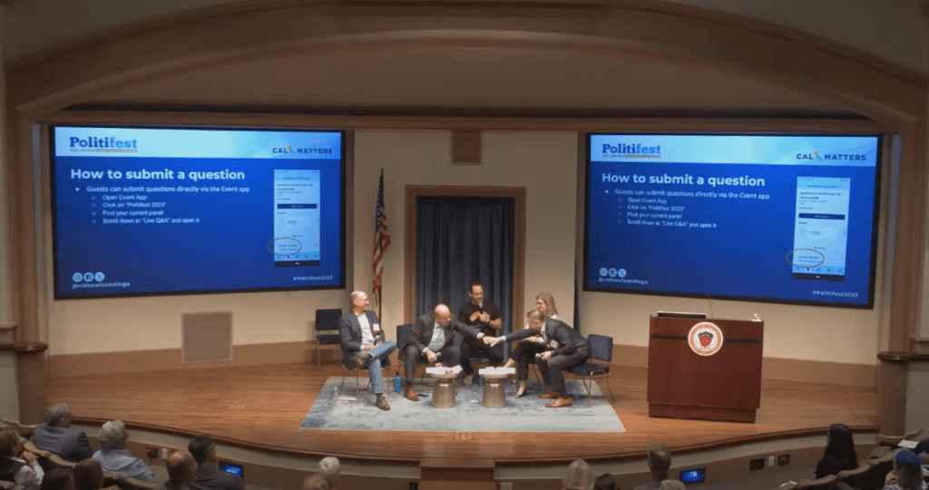 Fist bump between Adel Hagekhalil, general manager of the Metropolitan Water District of Southern California, and Dan Denham, general manager of the San Diego County Water Authority. / Oct. 8, 2023.