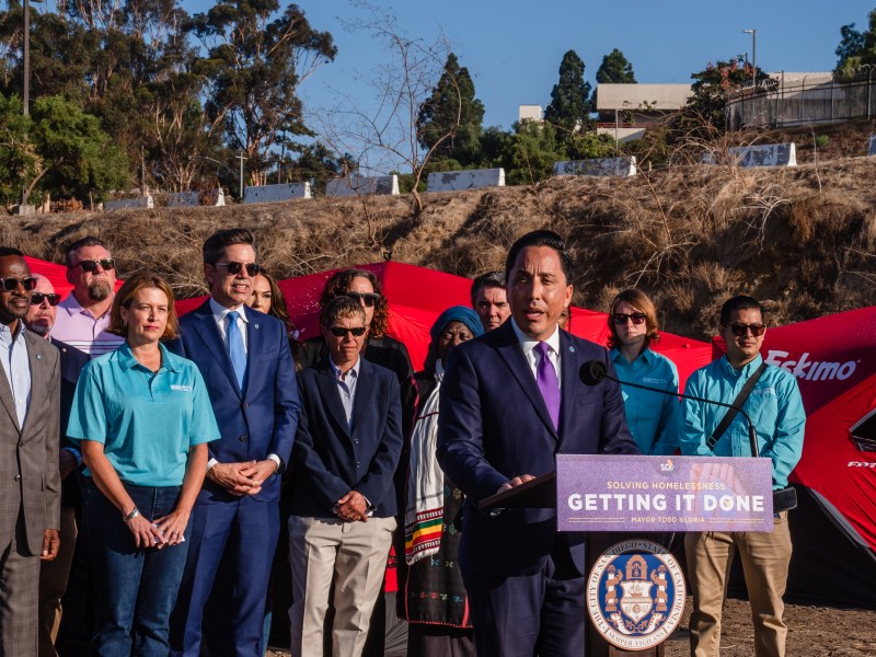 San Diego Mayor Todd Gloria during a press conference at the O Lot Safe Sleeping site on the edge of Balboa Park and near the Naval Medical Center on Oct. 20, 2023.