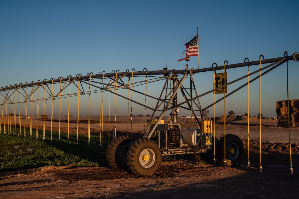 A hose drag system on Ronnie Leimgruber's farm in Imperial Valley on Oct. 11, 2023.