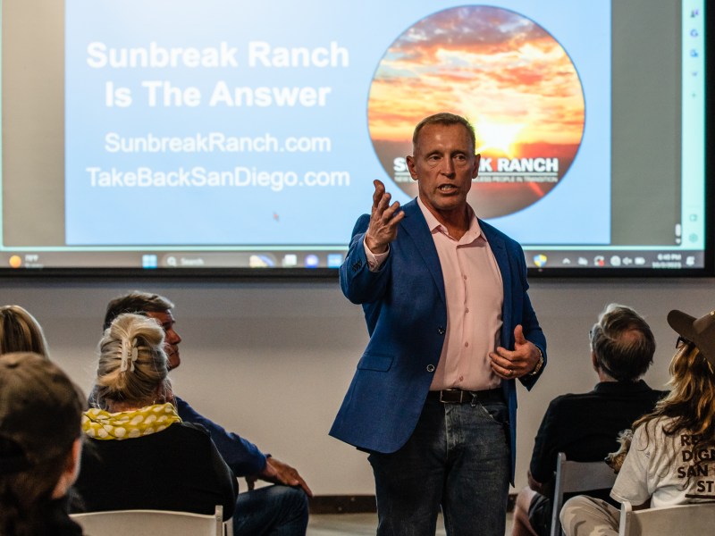 Marine veteran and Police Officer Larry Turner speaks at Mission Beach Town Council meeting on Oct. 2, 2023.
