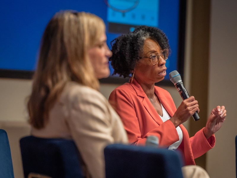 Amy Reichert and San Diego City Councilmember Monica Montgomery Steppe debating during Politifest 2023.