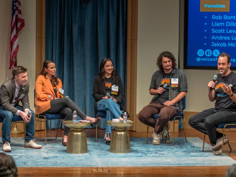 LA Times reporter Liam Dillon, and Voice of San Diego journalists MacKenzie Elmer, Andrea Lopez-Villafaña, Jakob McWhinney and Scott Lewis during the final panel of Politifest 2023.