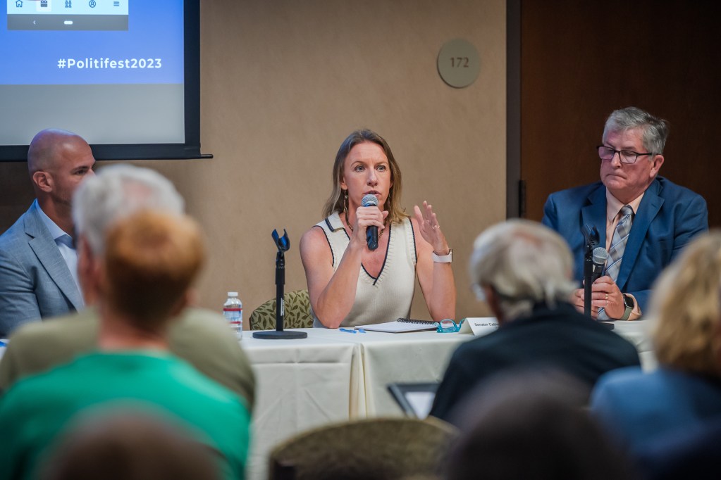 State Senator Catherine Blakespear and Encinitas Mayor Tony Kranz speak at the University of San Diego for Politifest 2023 on Saturday, Oct. 7, 2023. / Vito Di Stefano for Voice of San Diego