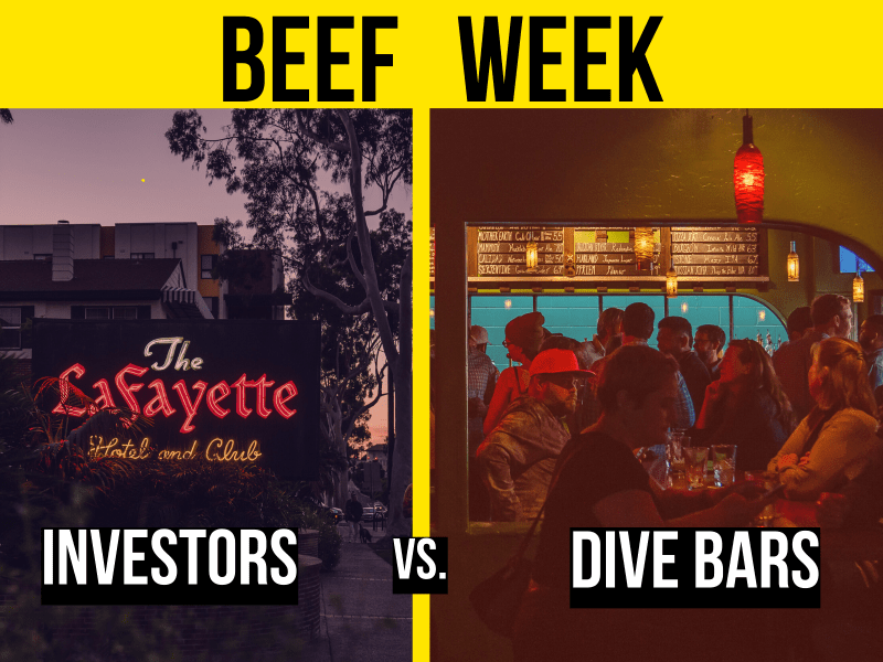 Beef Week side by side image of lafayette hotel and the inside of a dive bar